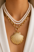 061025 Pearl & Shell Charm Necklace Set