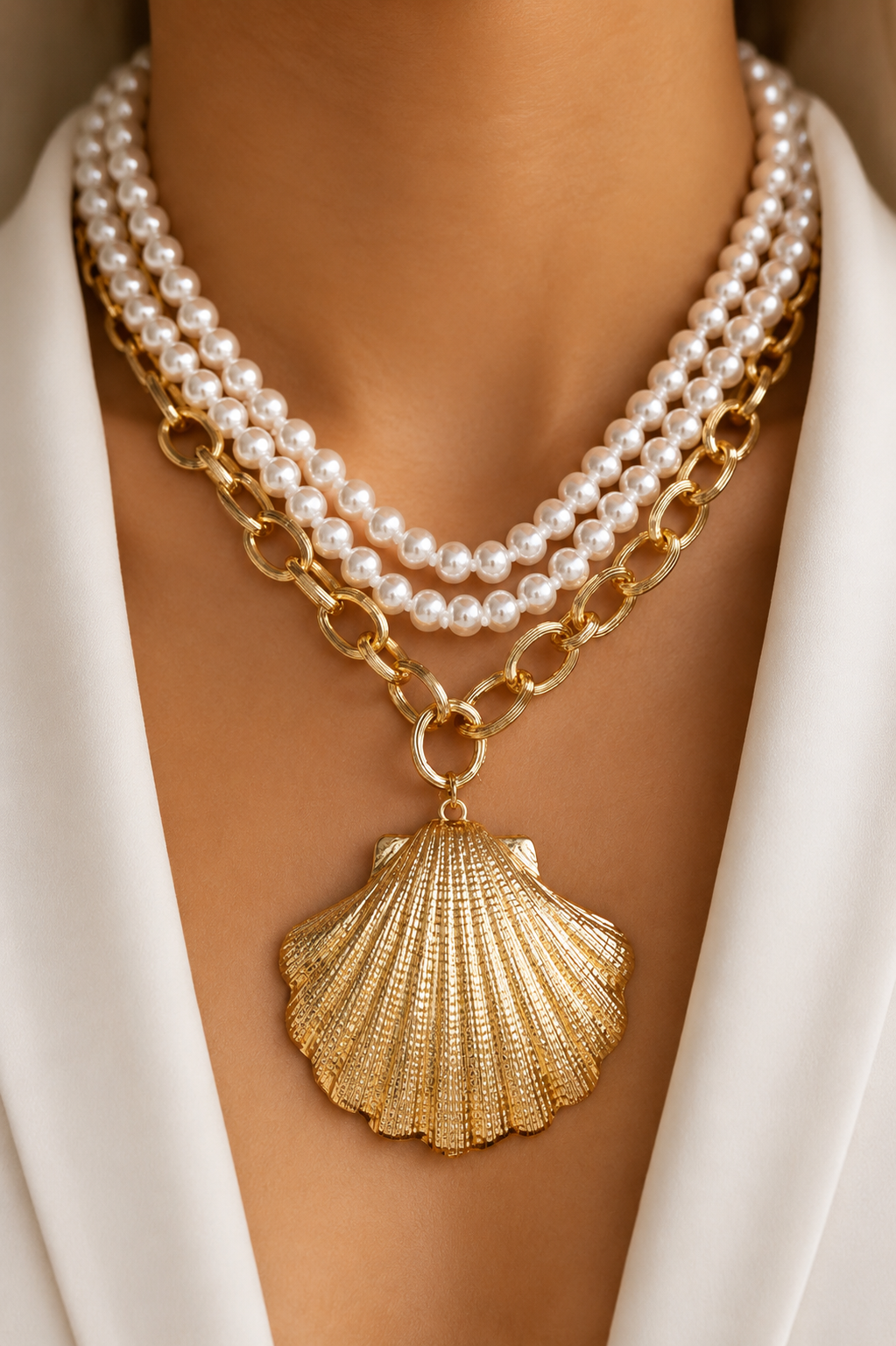 061025 Pearl & Shell Charm Necklace Set