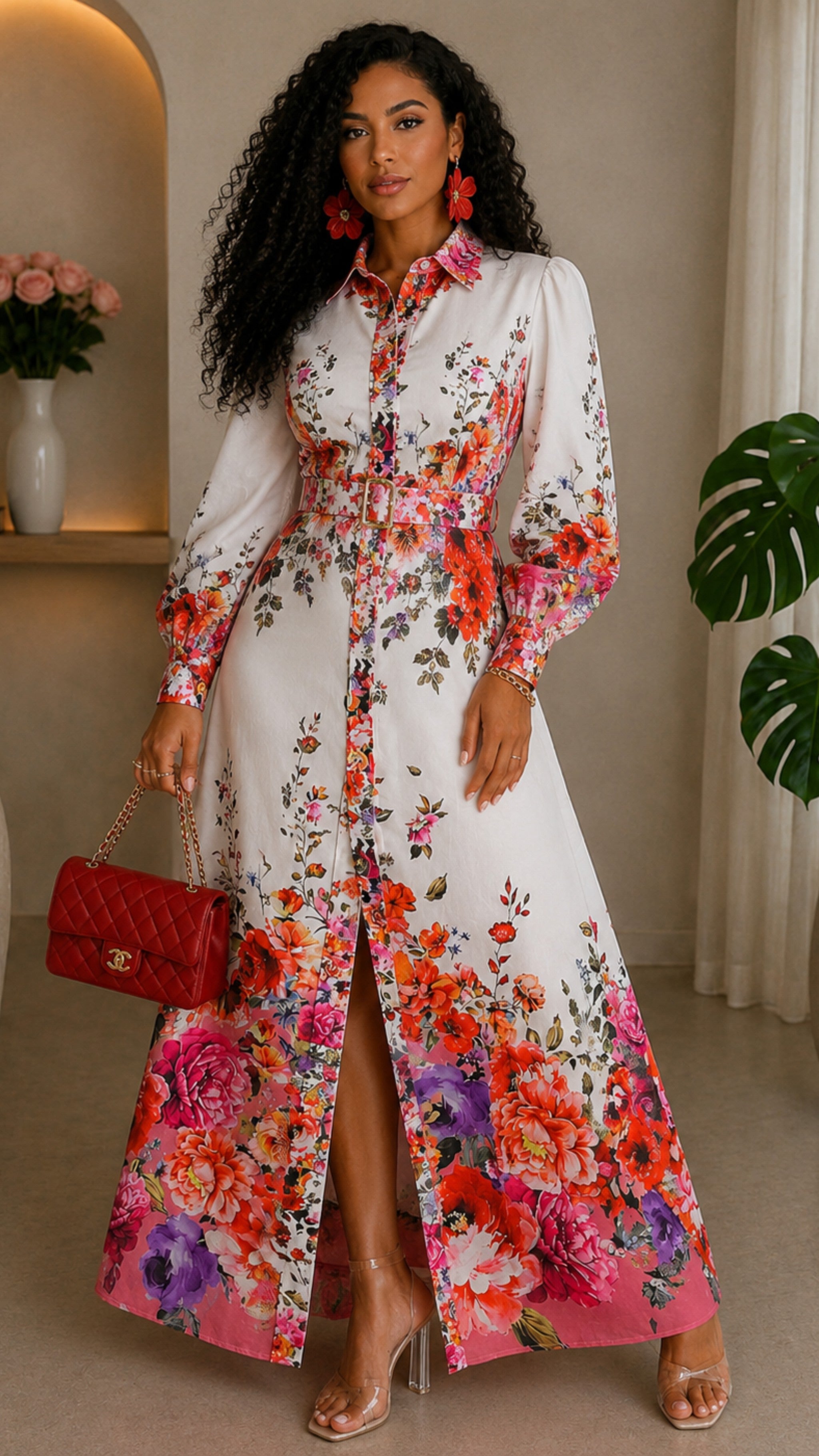 100623 Mauve Florals Garden Border Long Sleeves Button Down Maxi Dress Medium