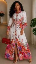 100623 Mauve Florals Garden Border Long Sleeves Button Down Maxi Dress