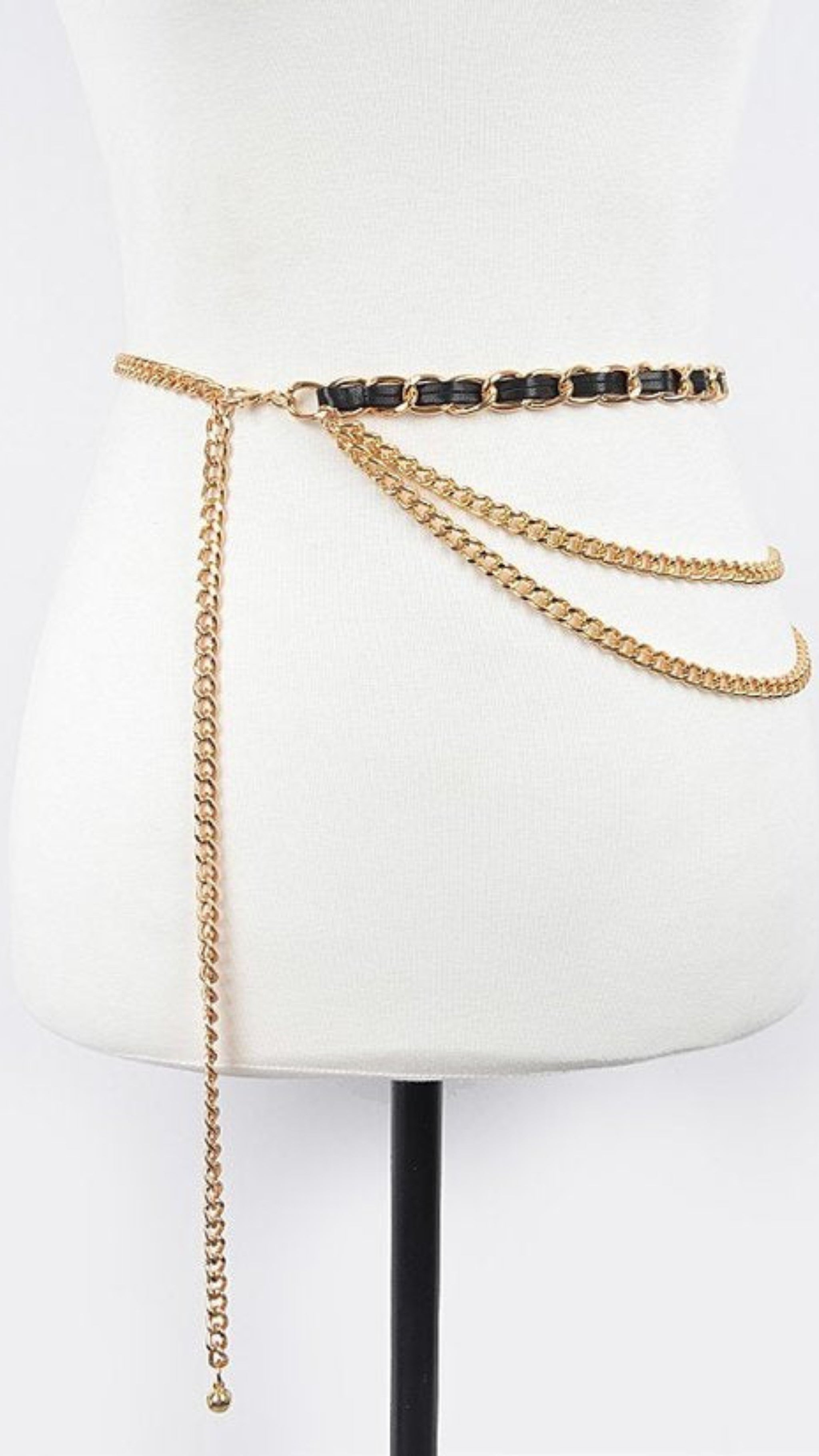 010923 Gold Black Leather Layered Chain Belt