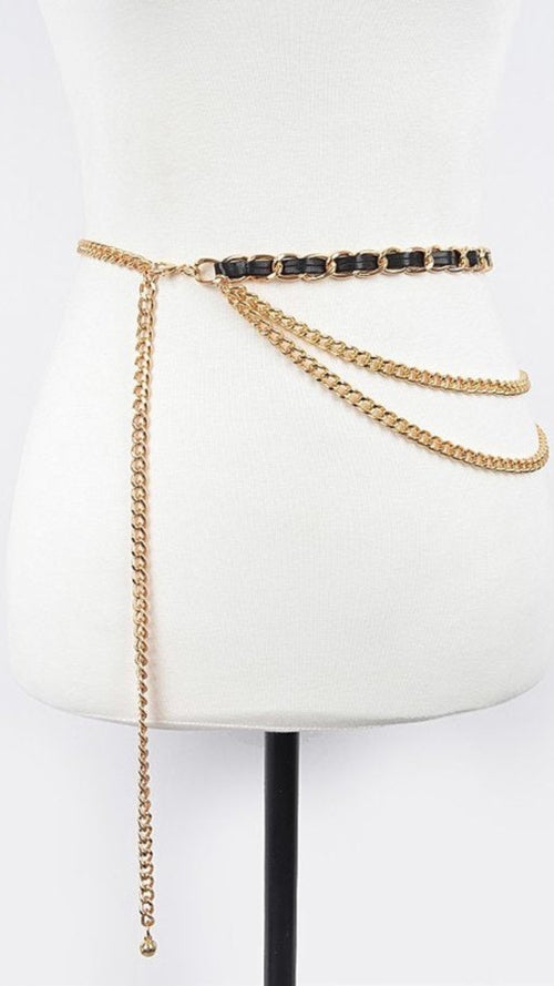 010923 Gold Black Leather Layered Chain Belt