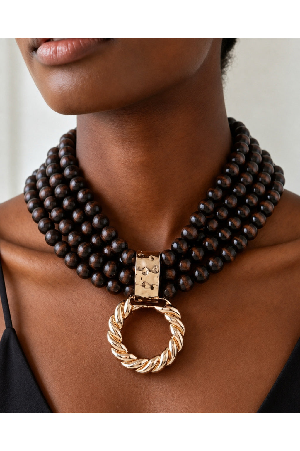 Multi-Strand Wooden Bead Gold Twist Loop Pendant Necklace