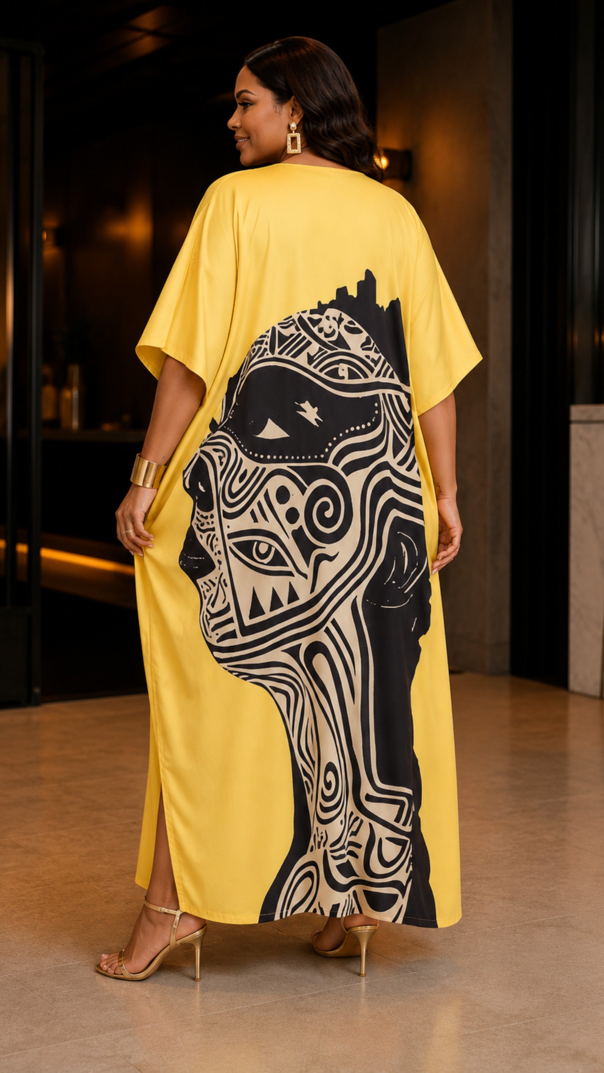 Yellow Abstract Kaftan Dress Lounge Wear One Size fit All S to 3XL