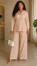 Orange Long Sleeve Printed Blouse and Wild Legs Pant Set