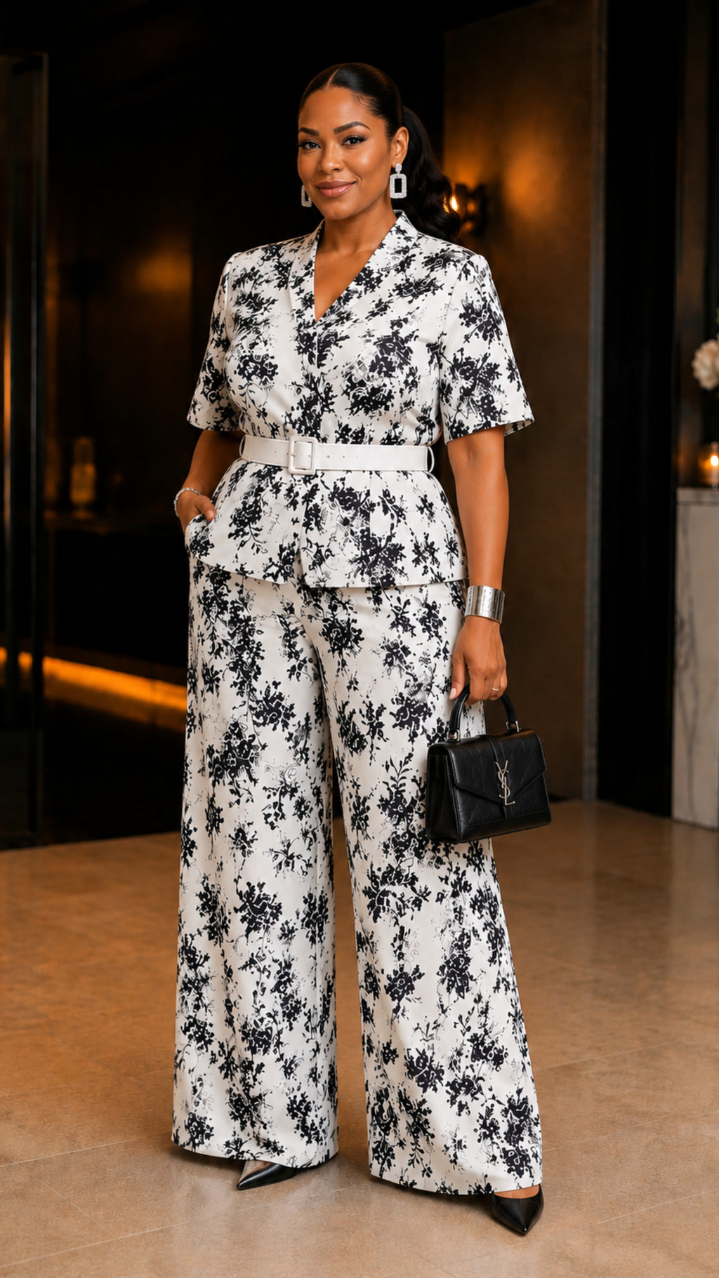 052526 The White & Black Floral Pants Set with Belt- Preorder