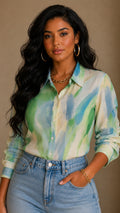 052526 The Green Printed  Button Down Blouse - Preorder