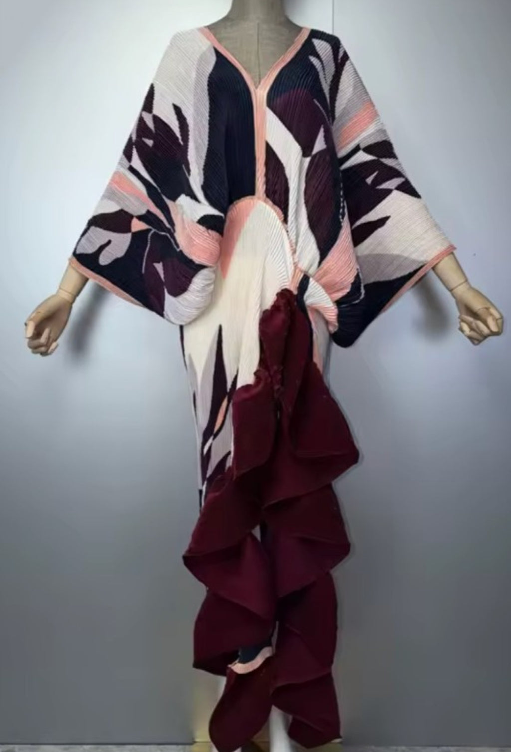 Burgundy Abstract Pleated Ruffle Maxi Dress/Top