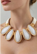 Gold White Stone Teardrop Wire Necklace