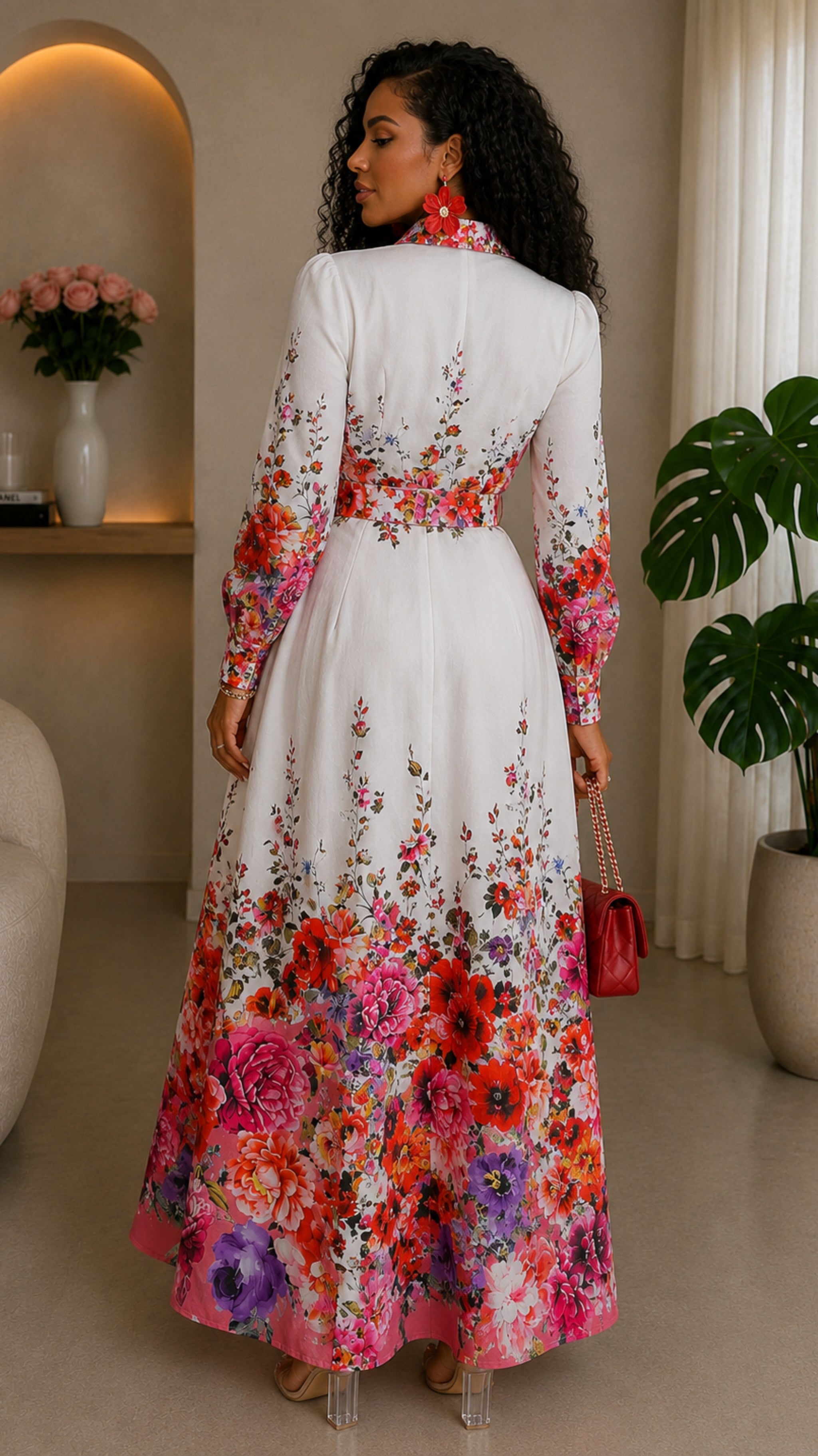 100623 Mauve Florals Garden Border Long Sleeves Button Down Maxi Dress