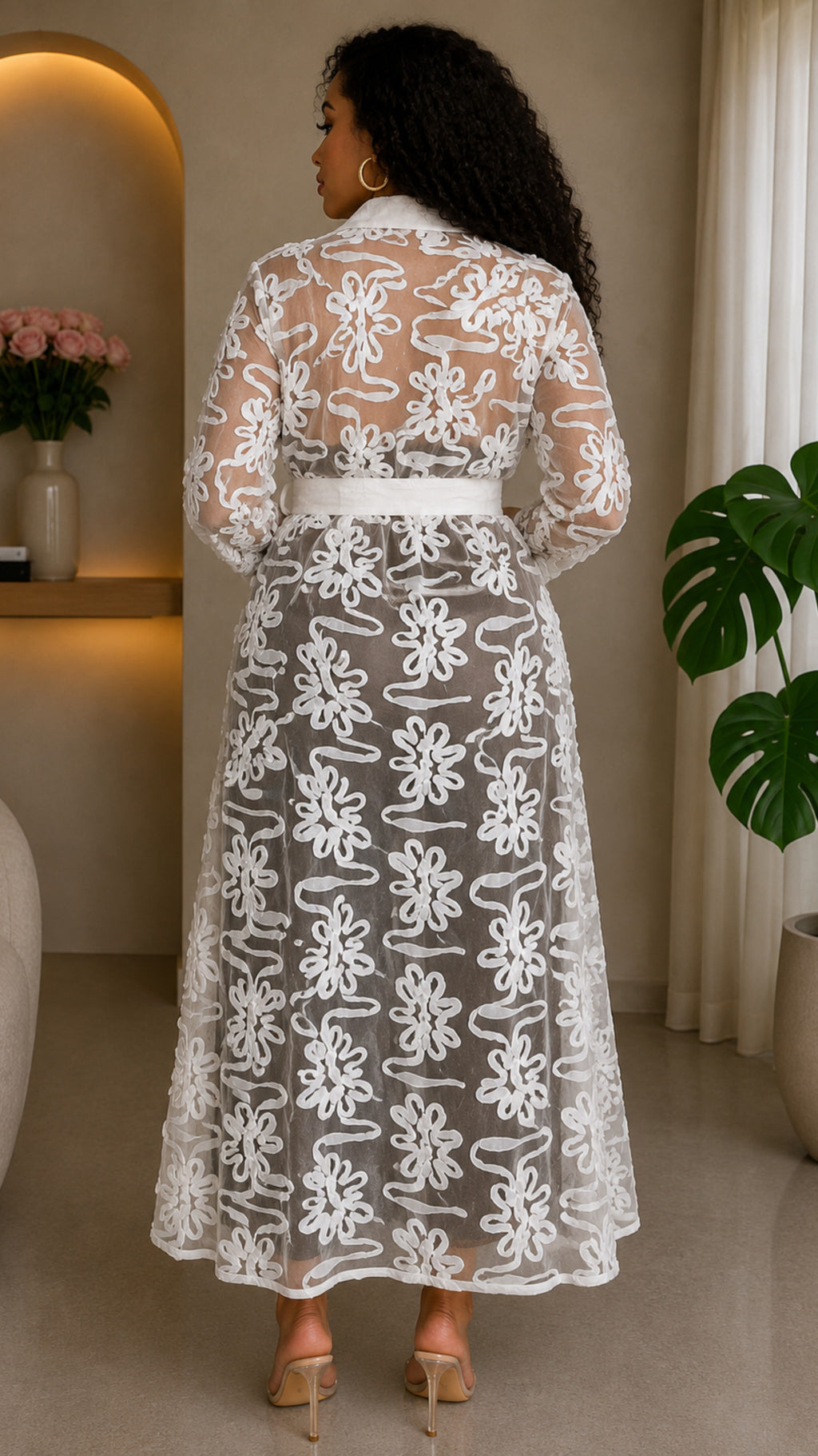 010925 White Long Sleeve Self Tie Up Maxi Dress