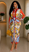 100122  Red Satin Multi Print Midi Dress
