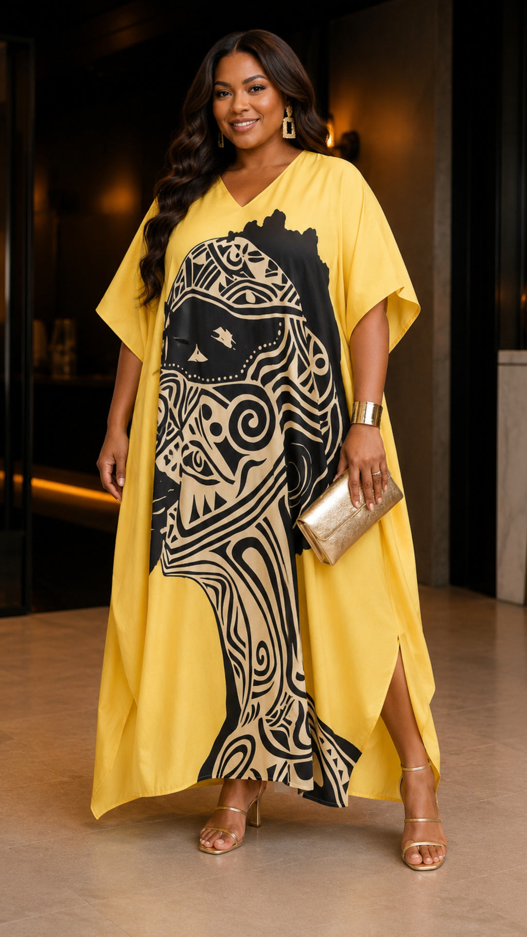 Yellow Abstract Kaftan Dress Lounge Wear One Size fit All S to 3XL
