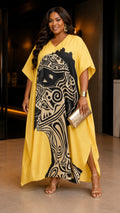 Yellow Abstract Kaftan Dress Lounge Wear One Size fit All S to 3XL