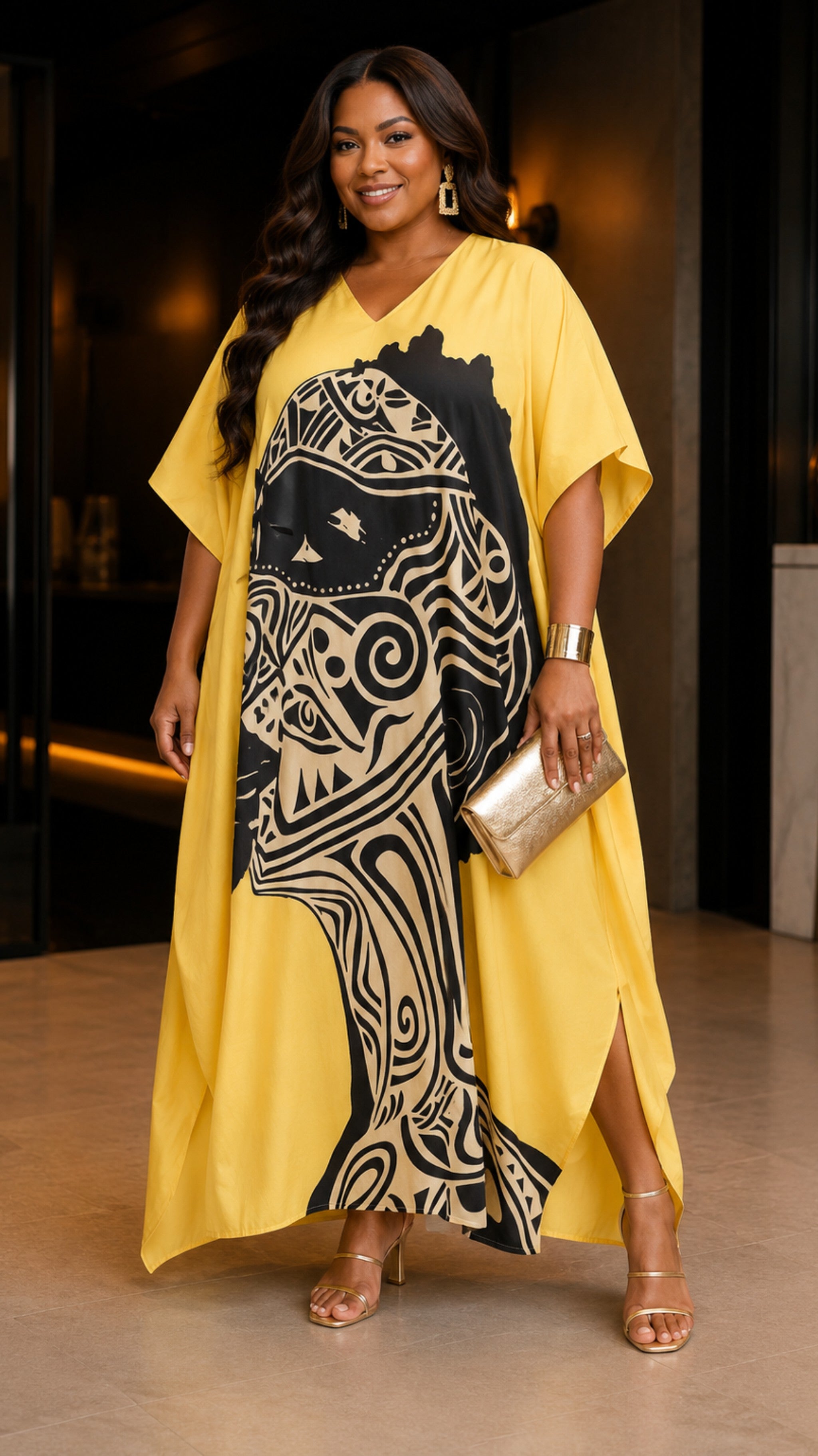 Yellow Abstract Kaftan Dress Lounge Wear One Size fit All S to 3XL