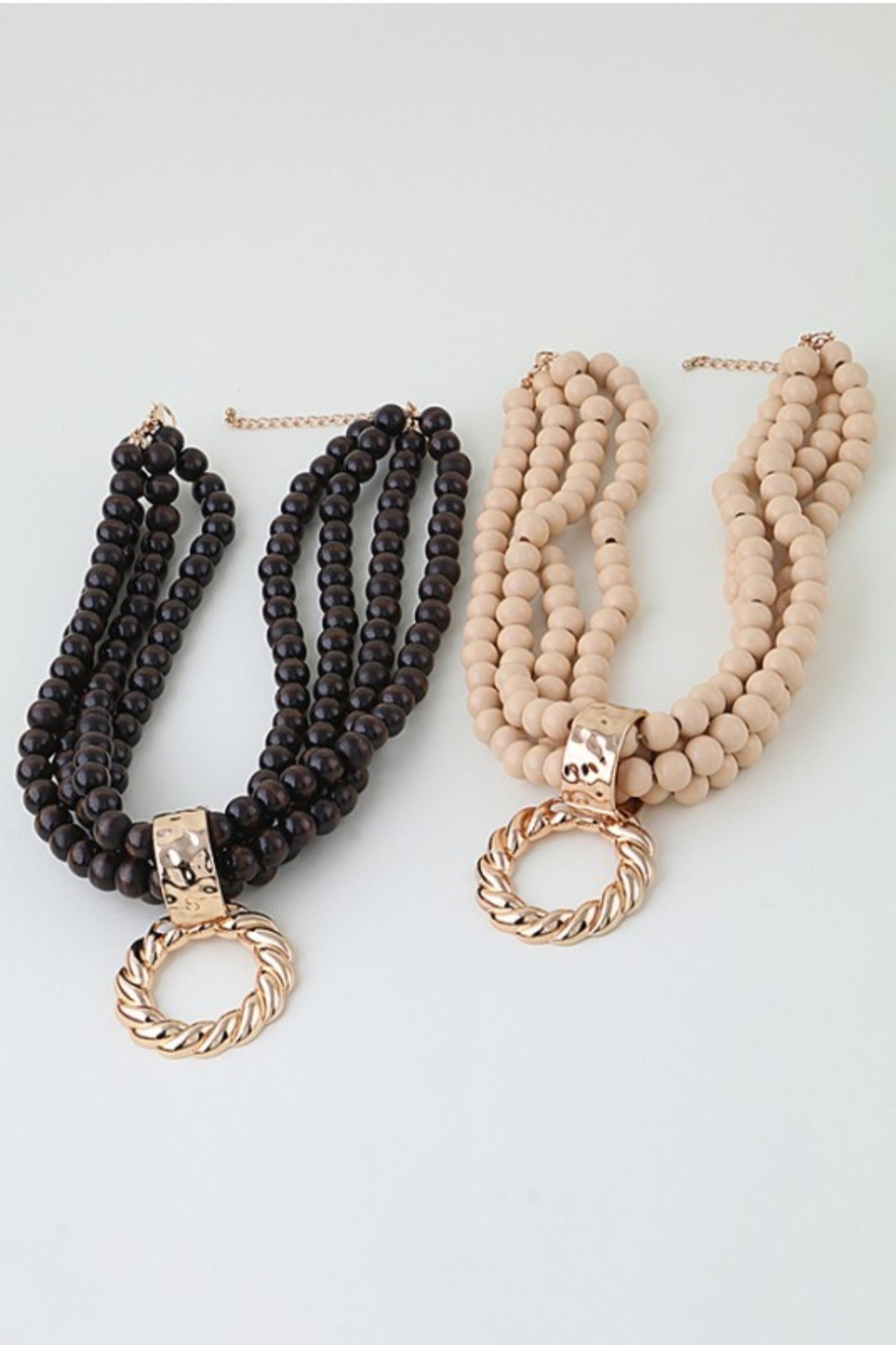 Multi-Strand Wooden Bead Gold Twist Loop Pendant Necklace