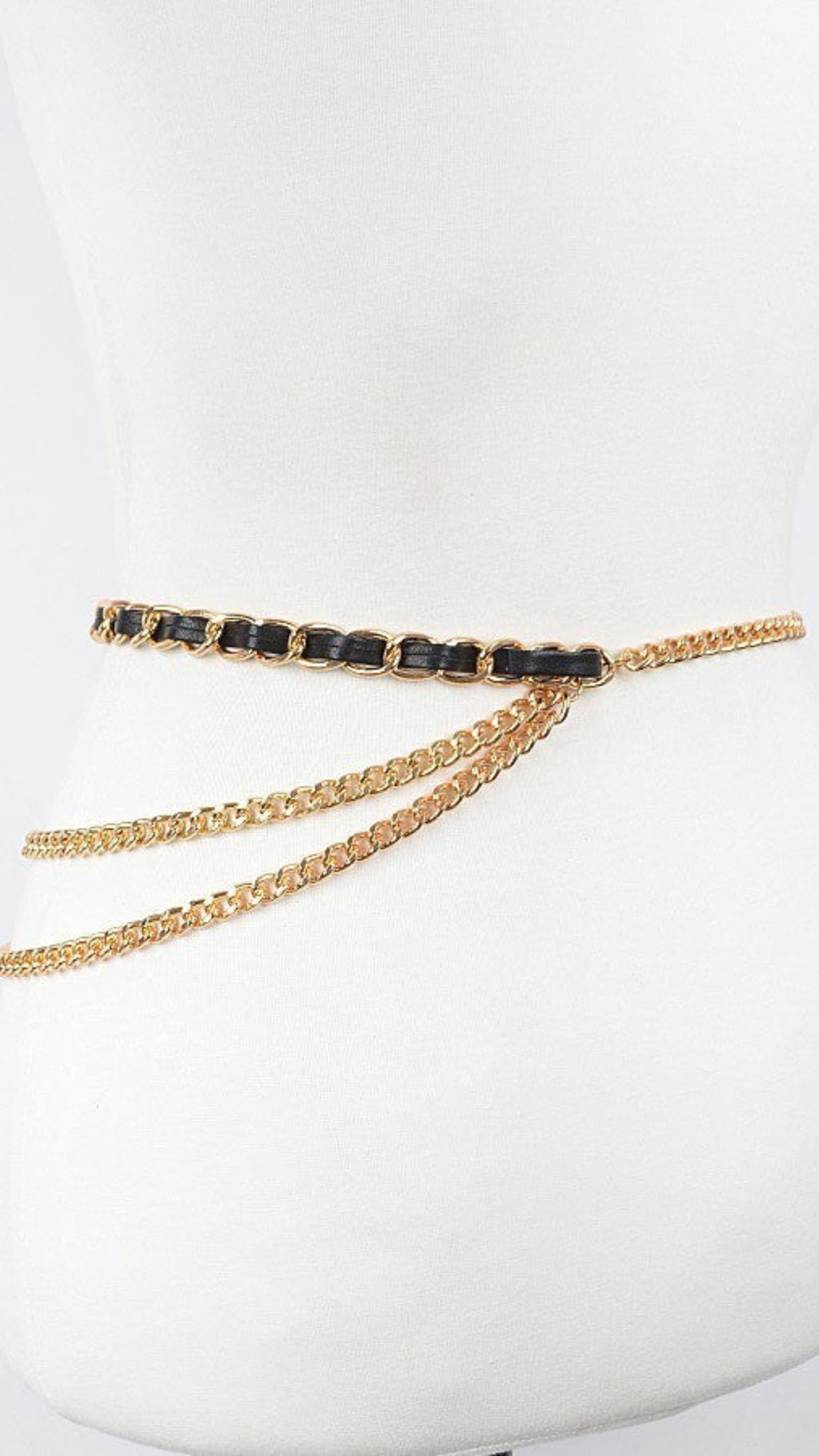 010923 Gold Black Leather Layered Chain Belt