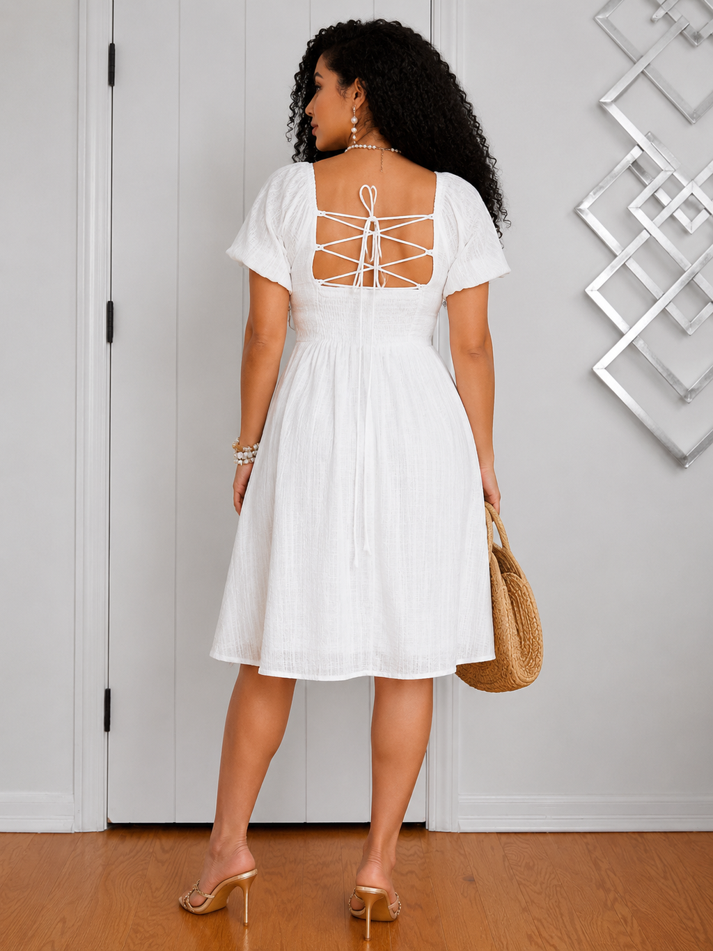 062725 White Smock V Neck Open Back Mini Dress