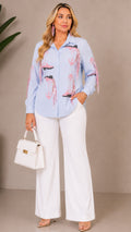 Light Blue  Fringe Plus Size Long Sleeve Sleeve Button Down Sequins Top
