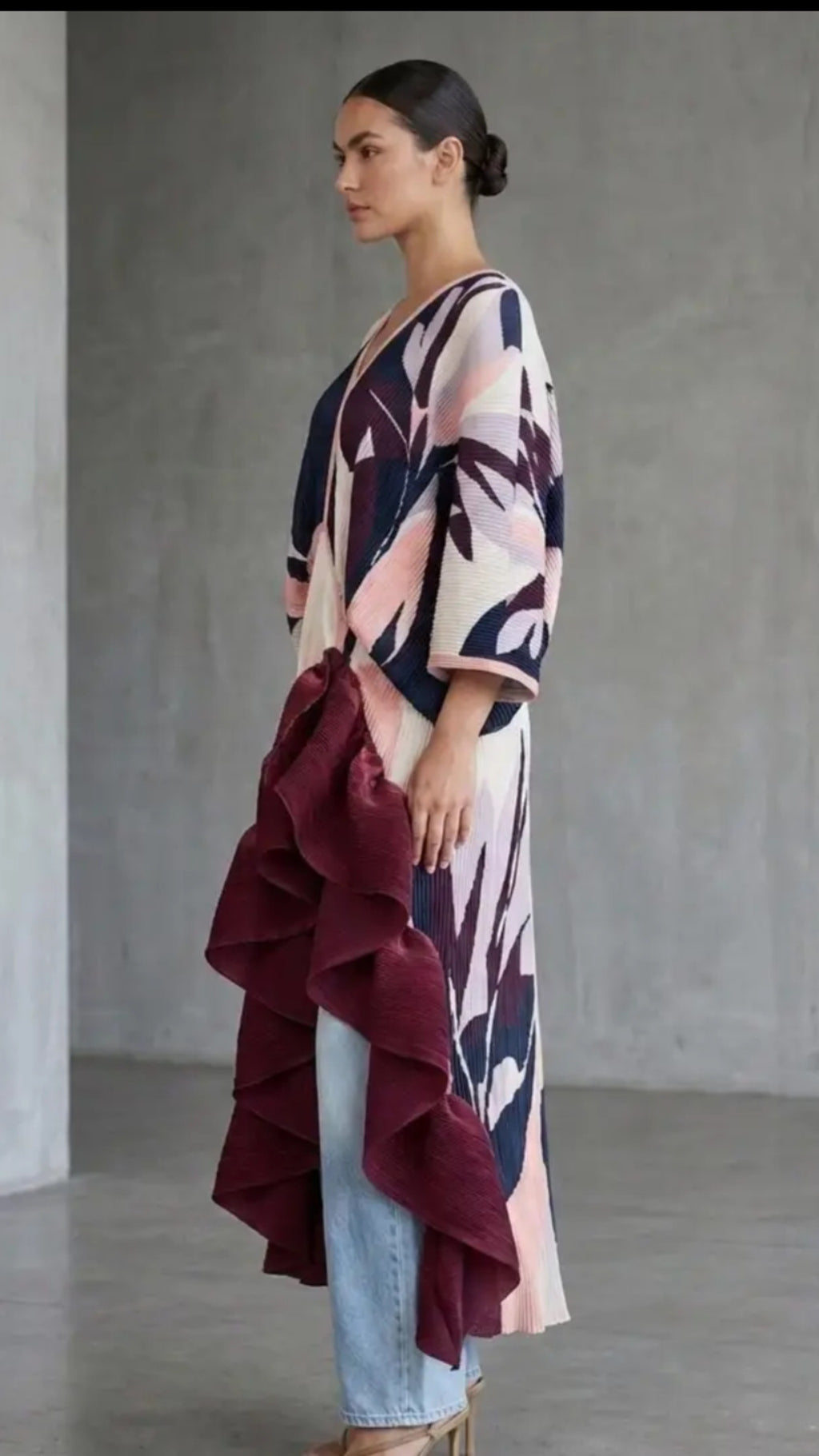 Burgundy Abstract Pleated Ruffle Maxi Dress/Top
