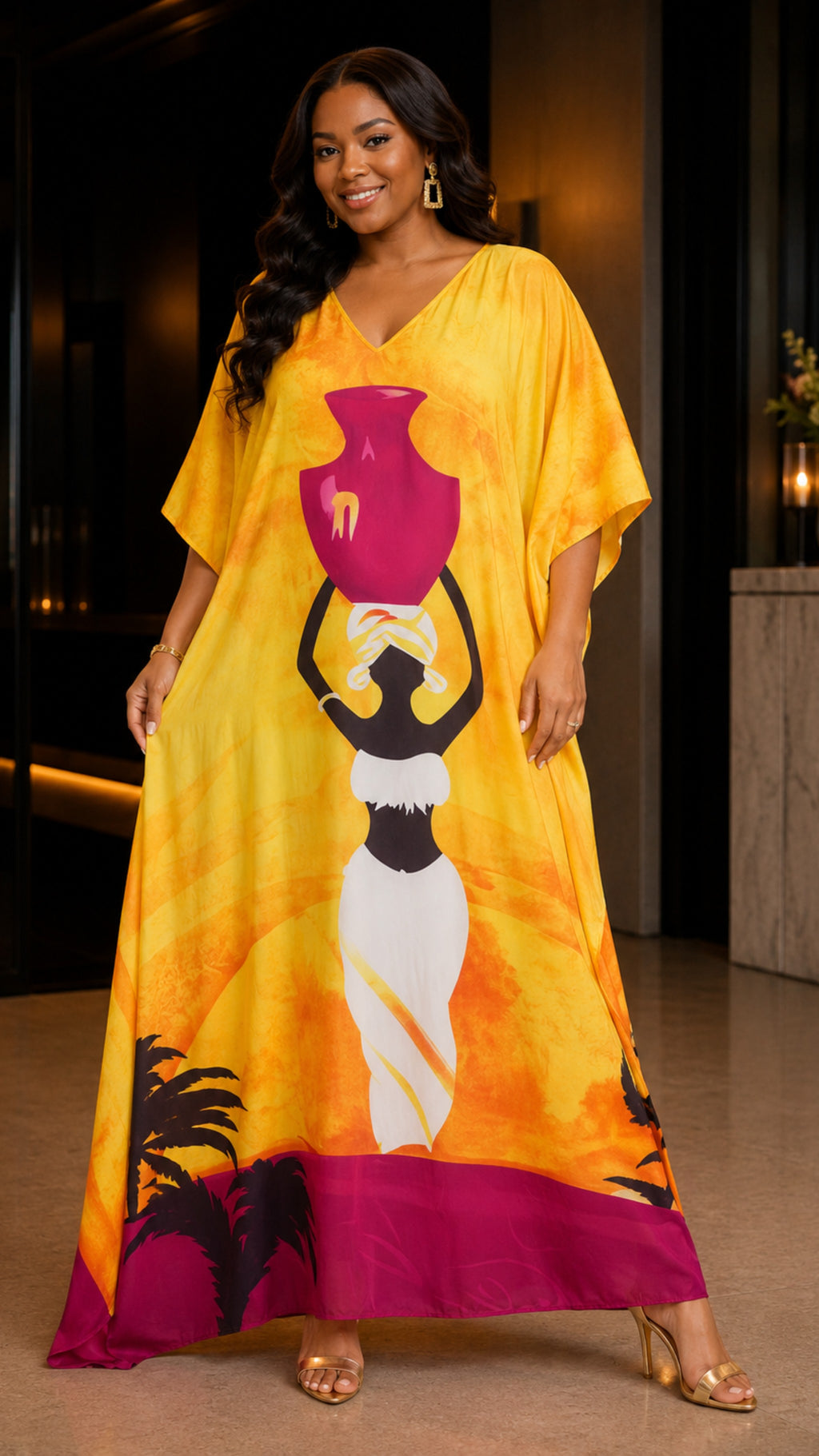 The Yellow & Pink Tribal Printed Kaftan Dress Lounge Wear One Size fit All S to 3XL