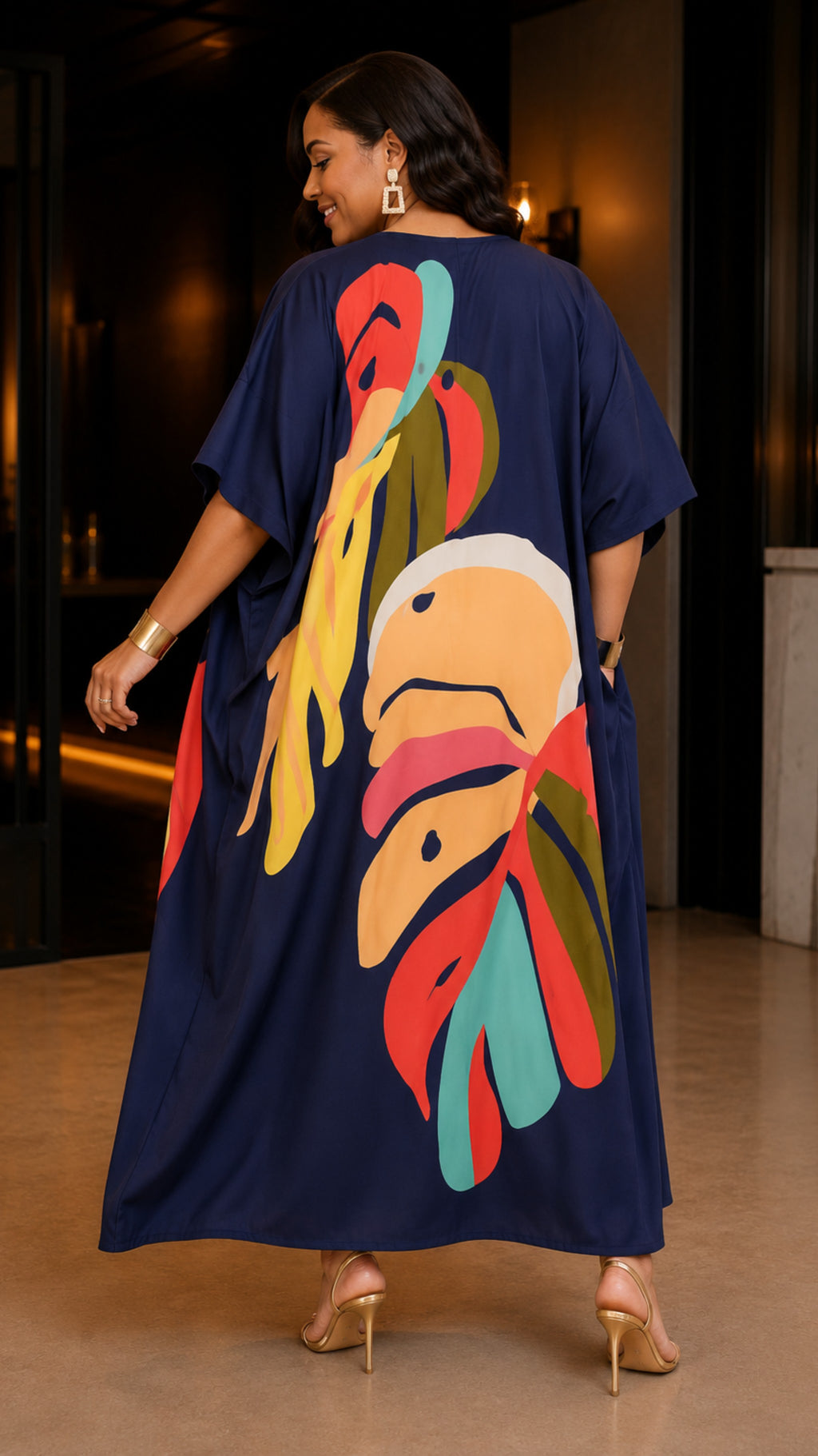 Tropical Navy Blue Printed Kaftan Dress Lounge Wear One Size fit All S to 3XL