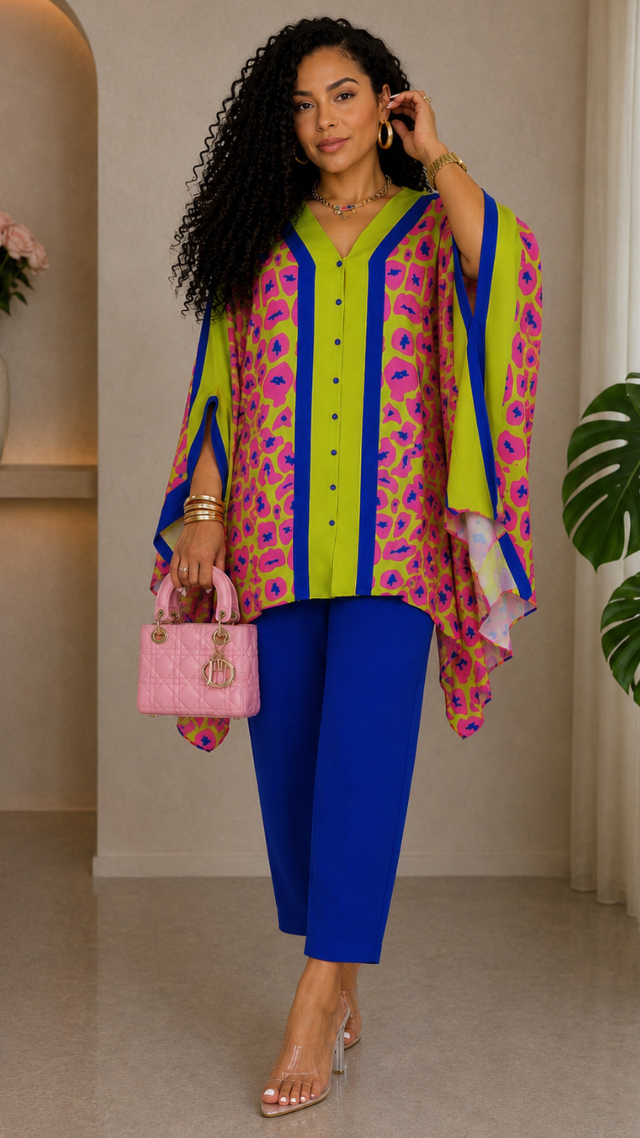 081823 The Yellow/Pink Famous Chic African Print Inspired Duster & Pant Set