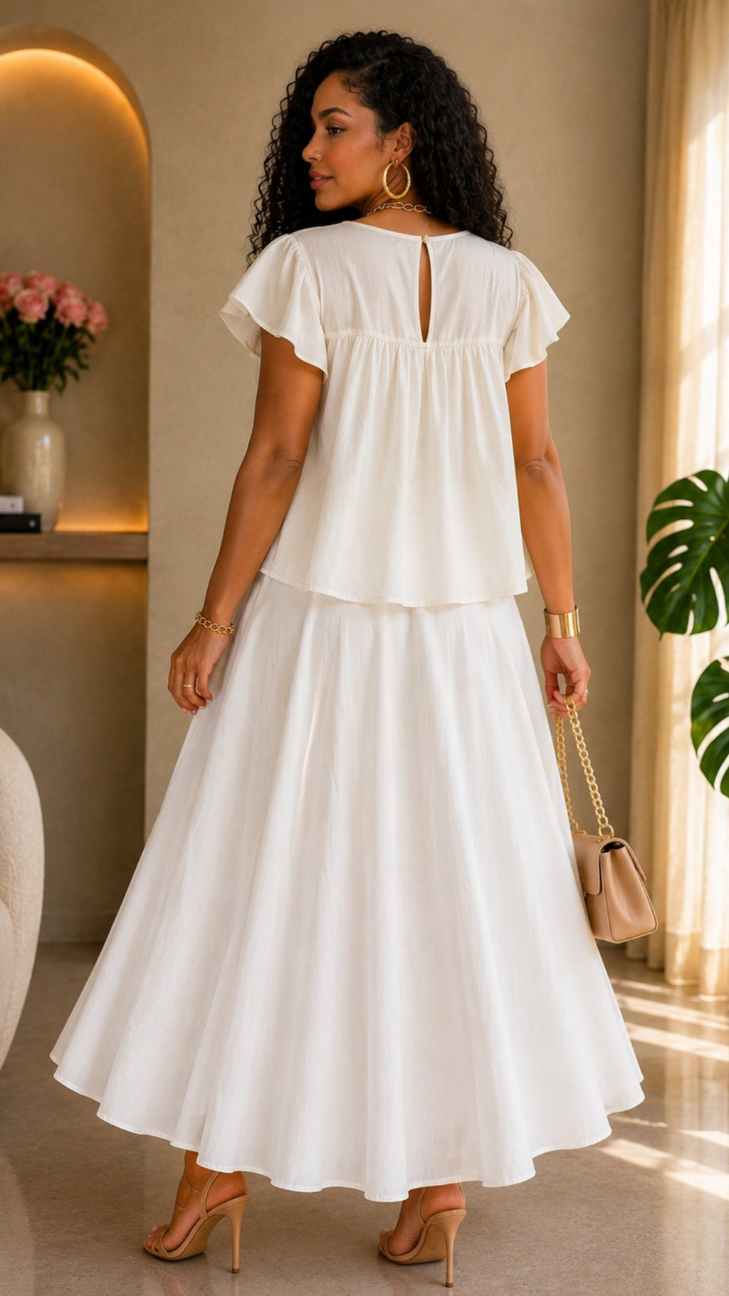 White Elastic Waist Skirt & Blouse 2 Pieces Set