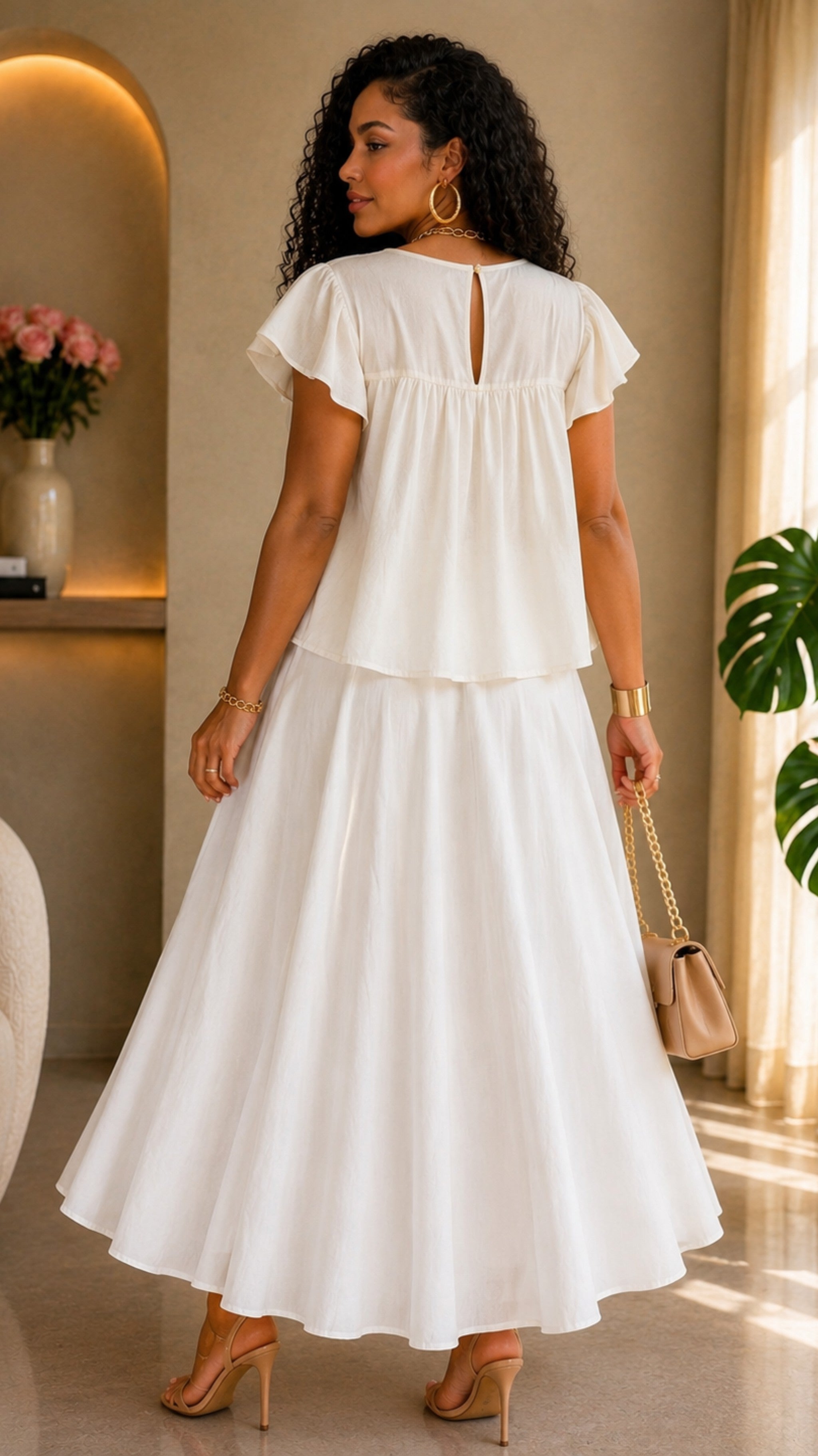 White Elastic Waist Skirt & Blouse 2 Pieces Set