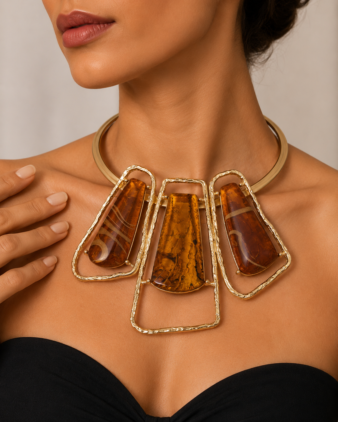 Gold Brown Abstract Stone Pillar Statement Necklace
