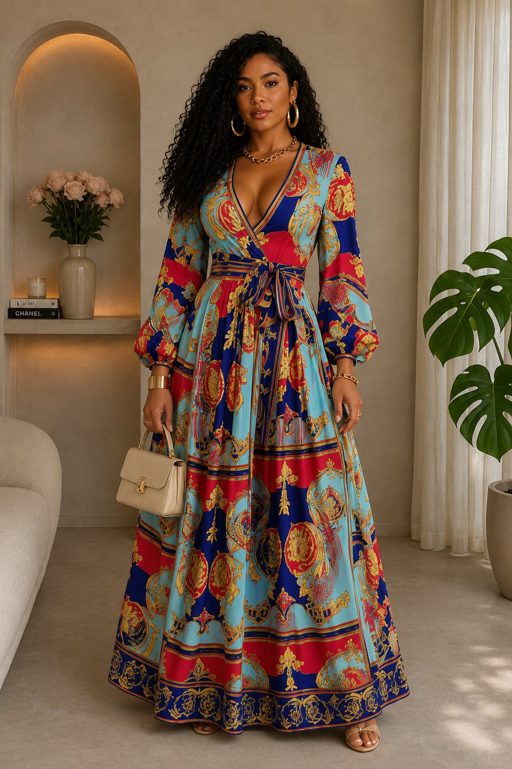 04292022 Pink/Blue Inspired Print Maxi dress