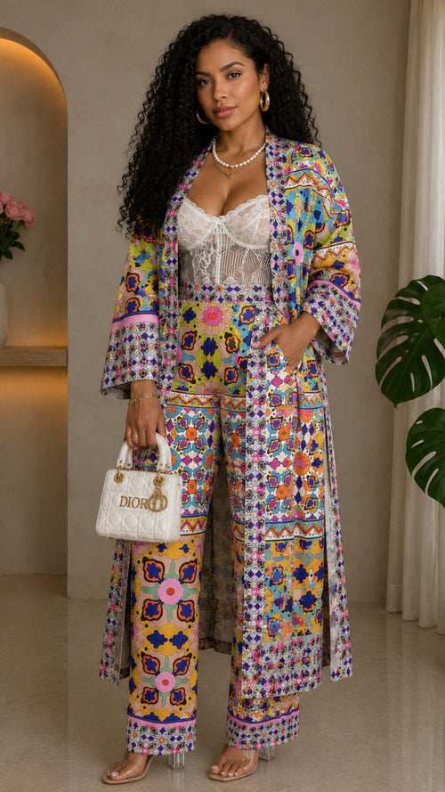 010925 Multi Print Kimono Long Sleeve and Pant
