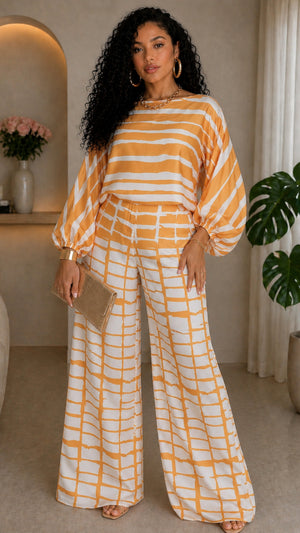 092823 The Mustard Satin Crew Loose Neck Top and High Waist Pant Set