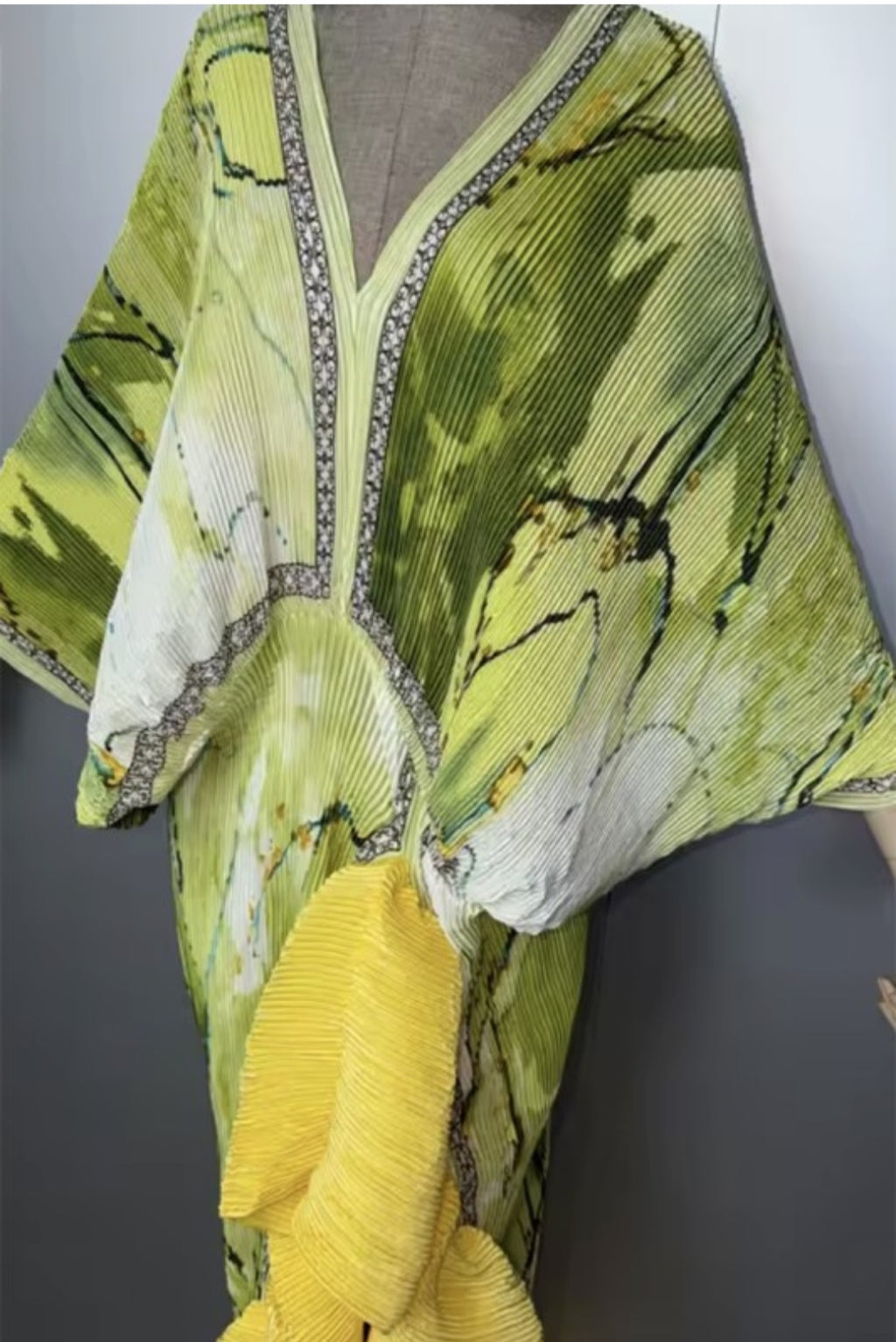 Lime Abstract Pleated Cascade-Ruffle Maxi Dress/Top