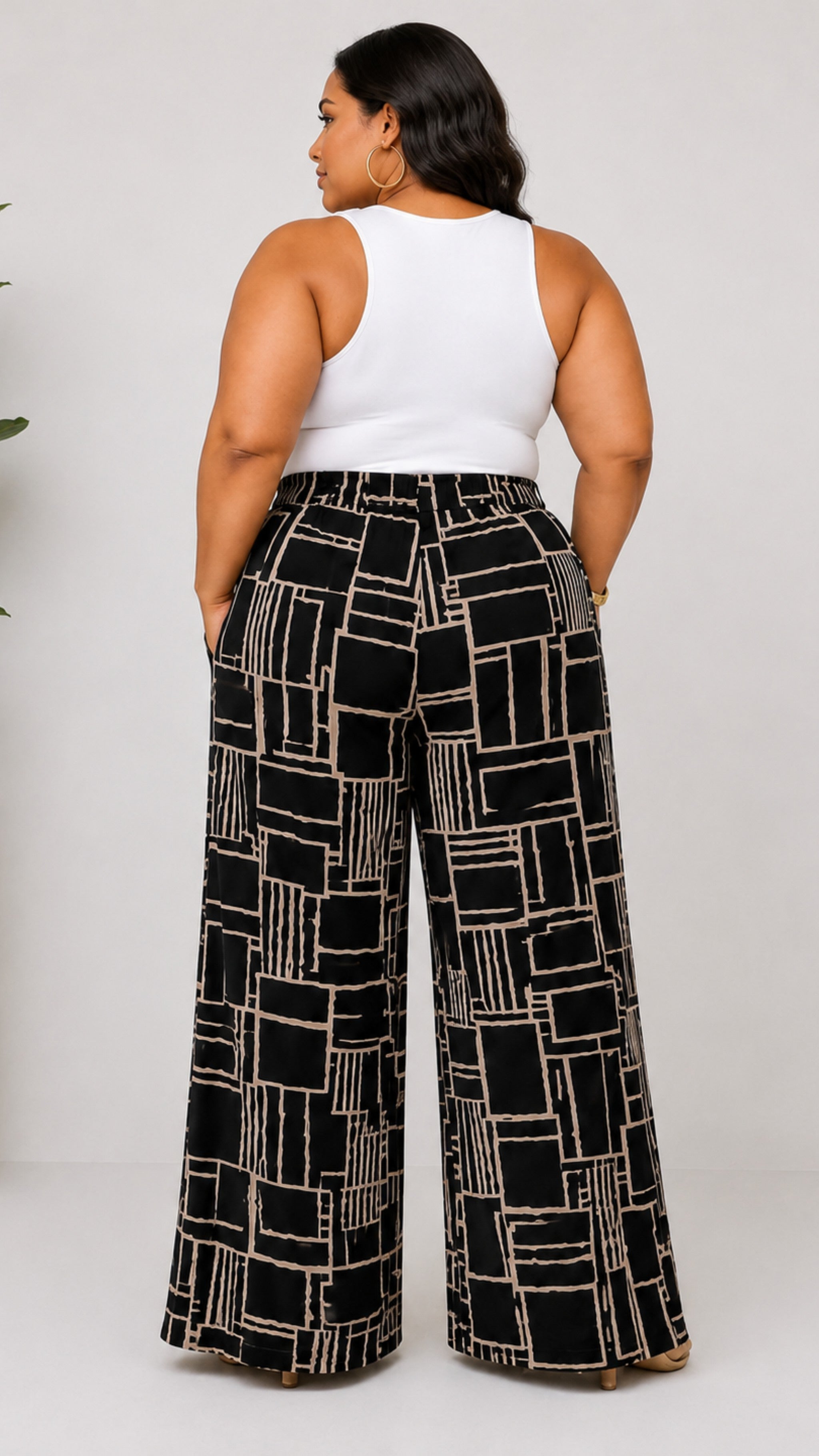 040925 Black Taupe Coloclock Print Back Elastic Boho Wild Legs Pant