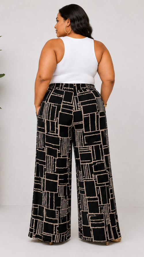 040925 Black Taupe Coloclock Print Back Elastic Boho Wild Legs Pant