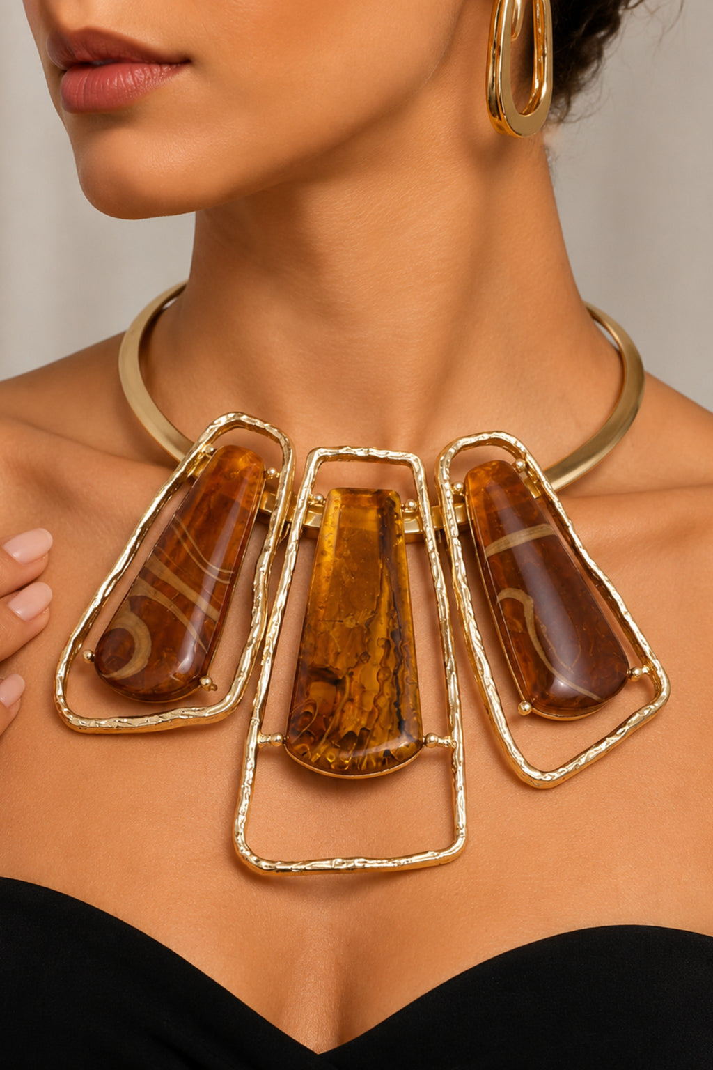 Gold Brown Abstract Stone Pillar Statement Necklace