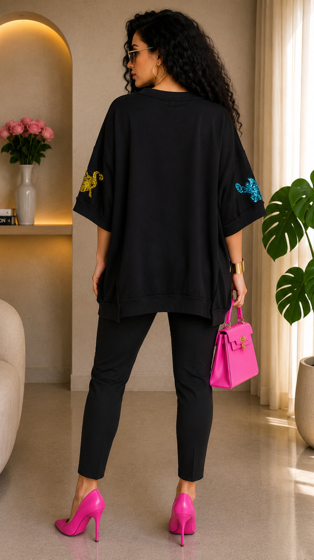 Black High and Low Oversized Sequins T-Shirt