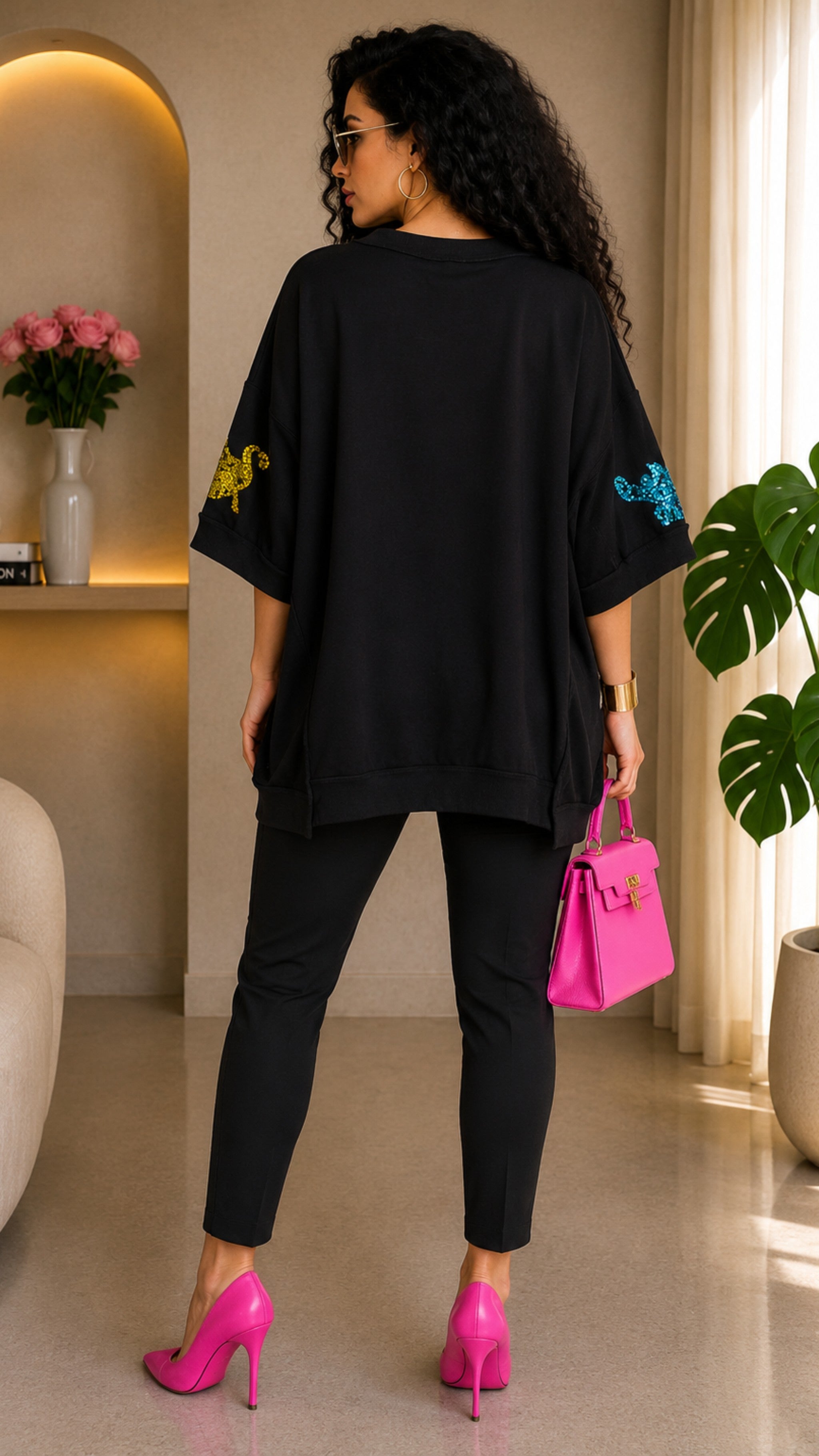Black High and Low Oversized Sequins T-Shirt