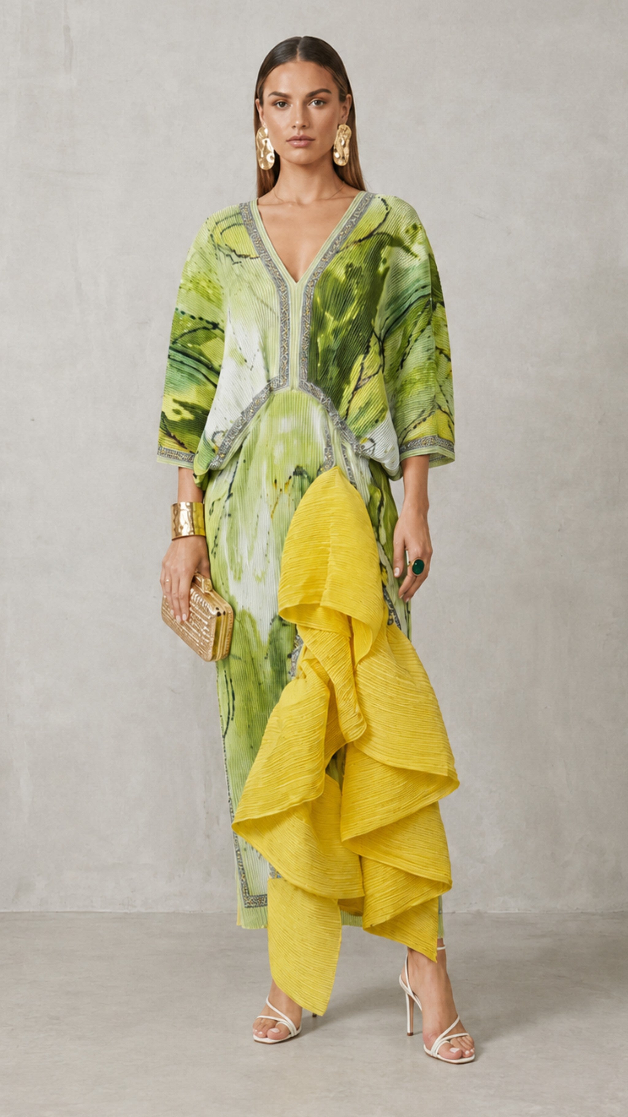 Lime Abstract Pleated Cascade-Ruffle Maxi Dress/Top