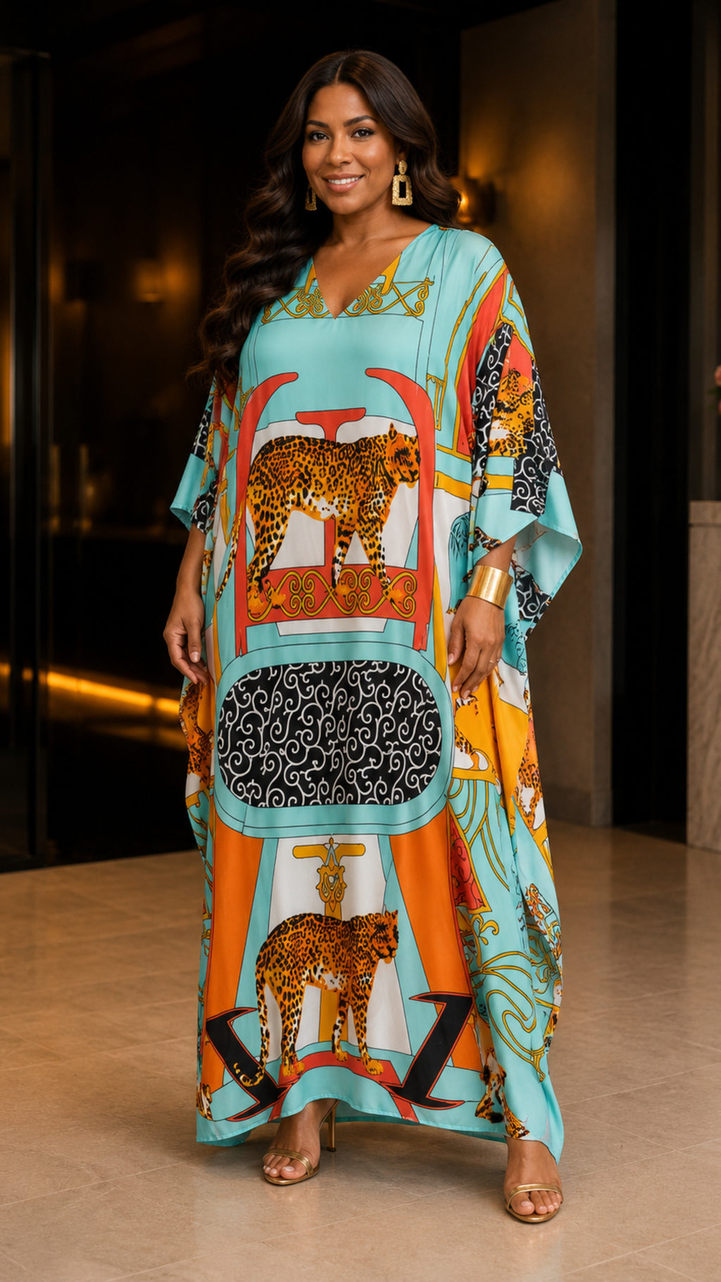 Turquoise Animal Printed Kaftan Dress Lounge Wear One Size fit All S to 3XL