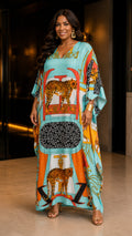 Turquoise Animal Printed Kaftan Dress Lounge Wear One Size fit All S to 3XL