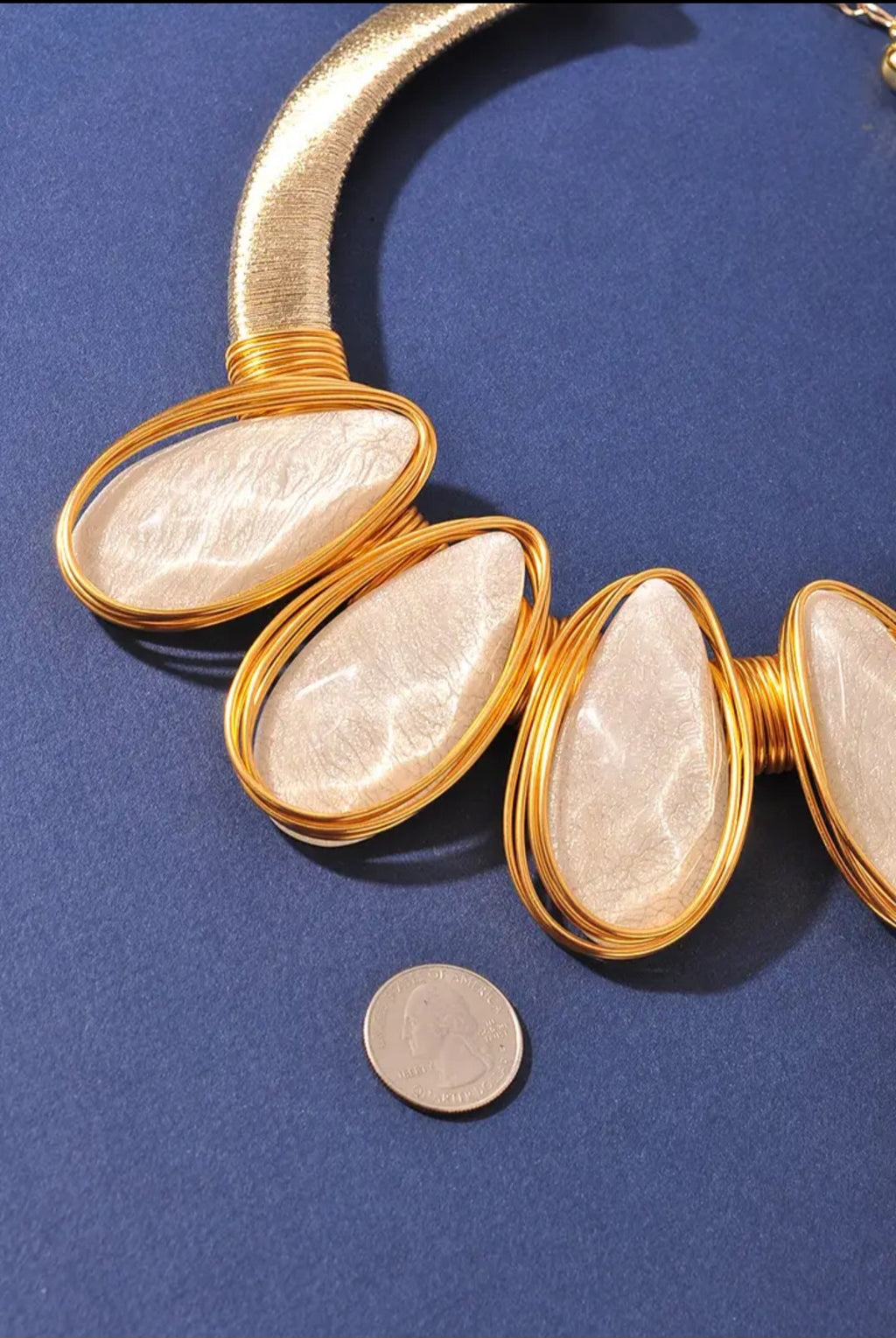 Gold White Stone Teardrop Wire Necklace