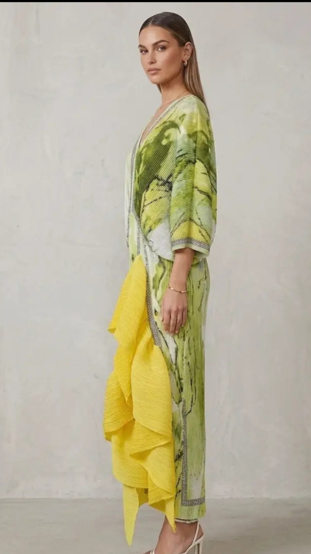 Lime Abstract Pleated Cascade-Ruffle Maxi Dress/Top