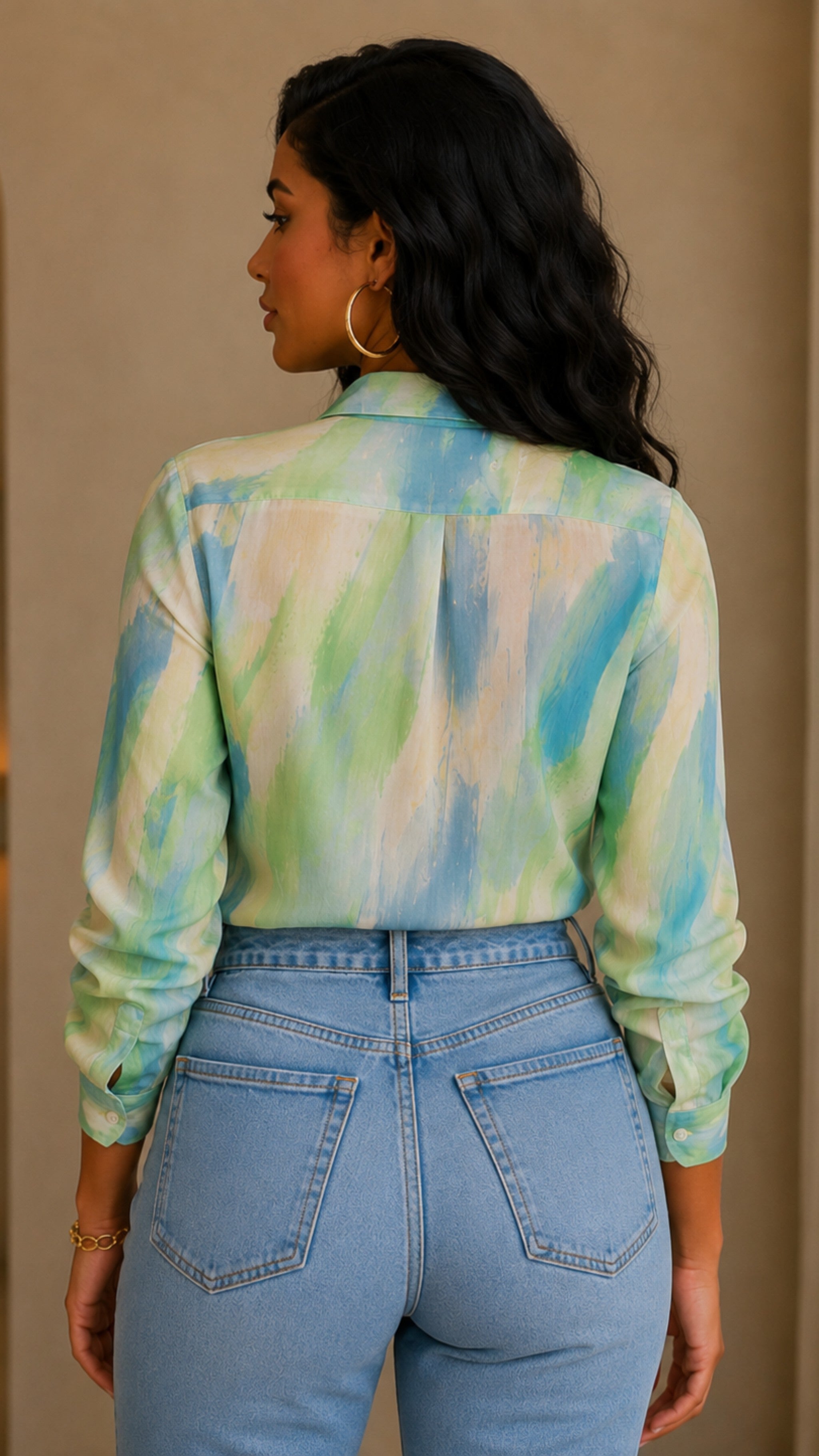 052526 The Green Printed  Button Down Blouse - Preorder