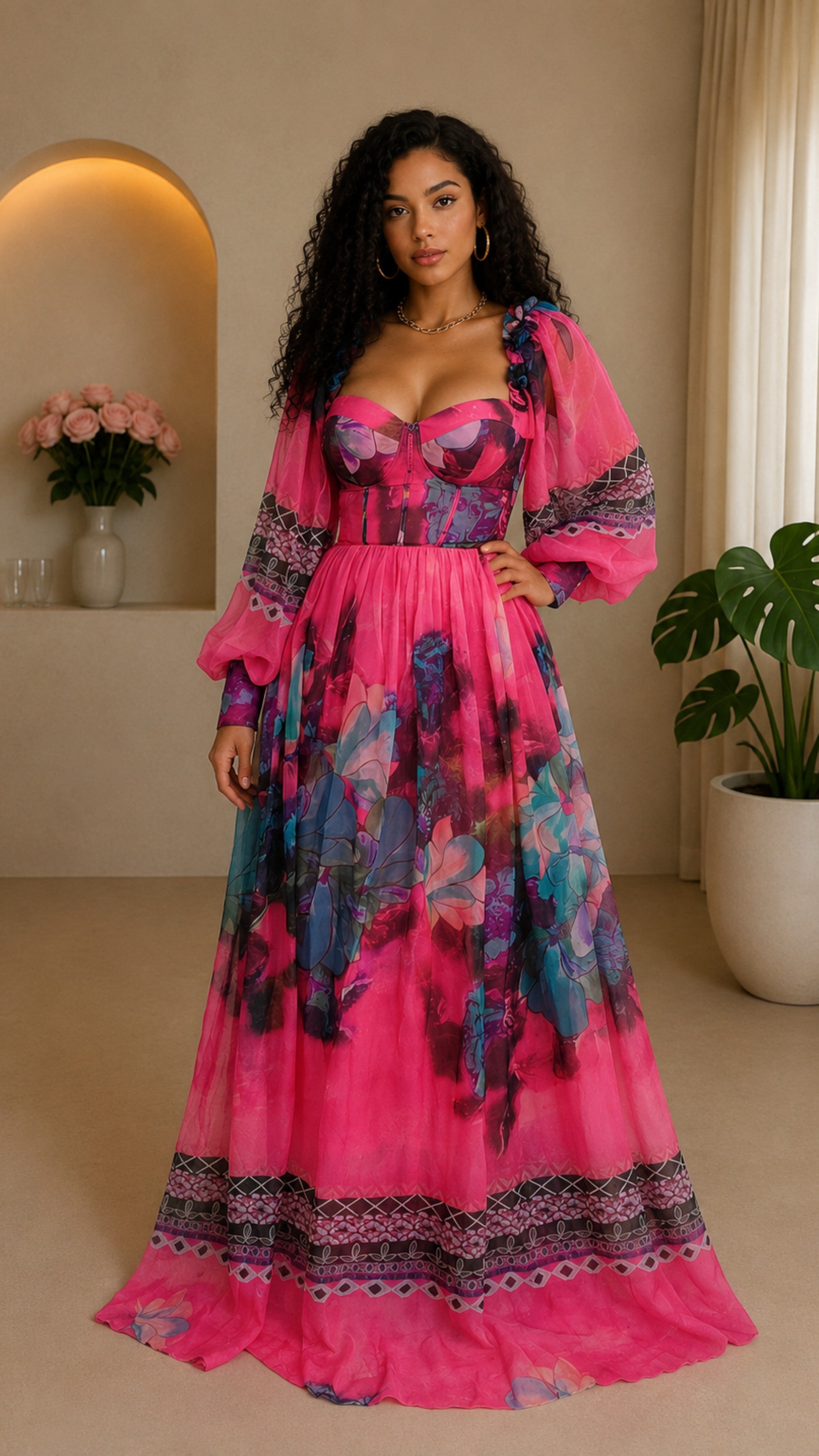 03272022 Pink Floral Print Ballon Long Sleeve Maxi Dress