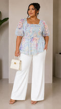 040825 Ice Blue Square Neck Smock Florals Peplum Short Sleeve Blouse