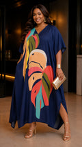 Tropical Navy Blue Printed Kaftan Dress Lounge Wear One Size fit All S to 3XL