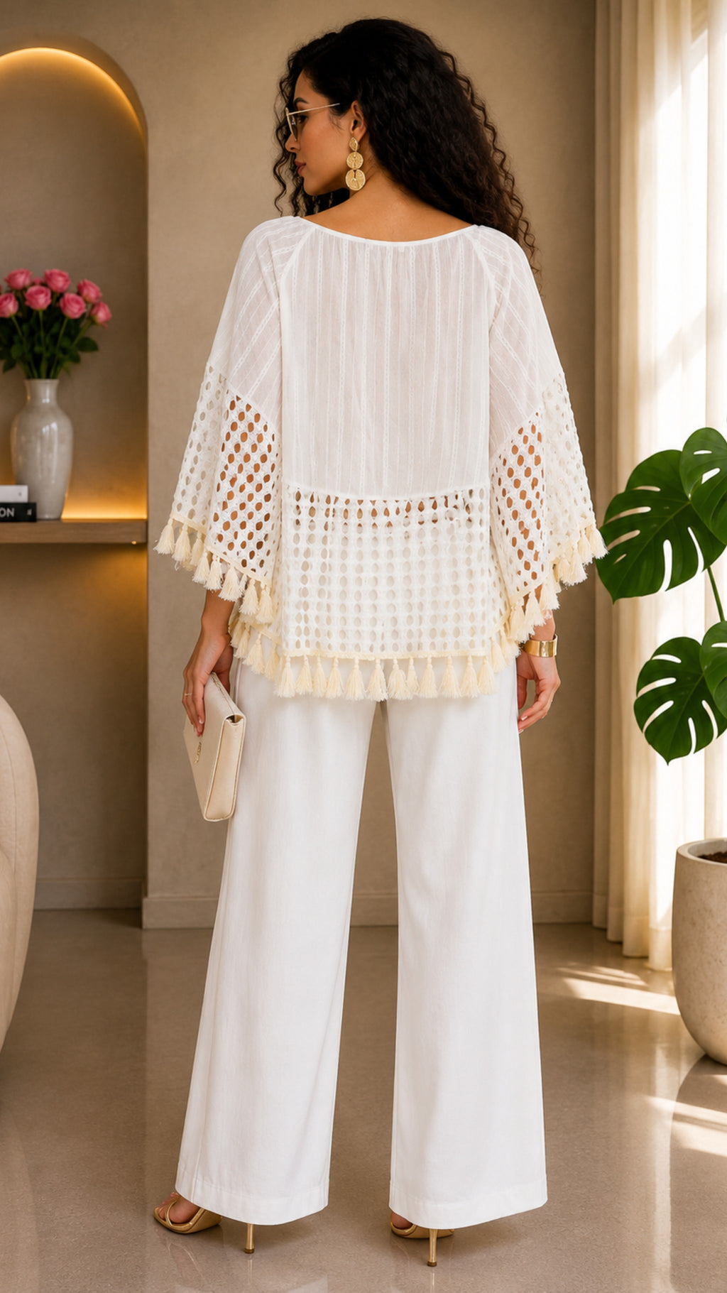 Off White Boho Embroidered White Tassel Poncho Top