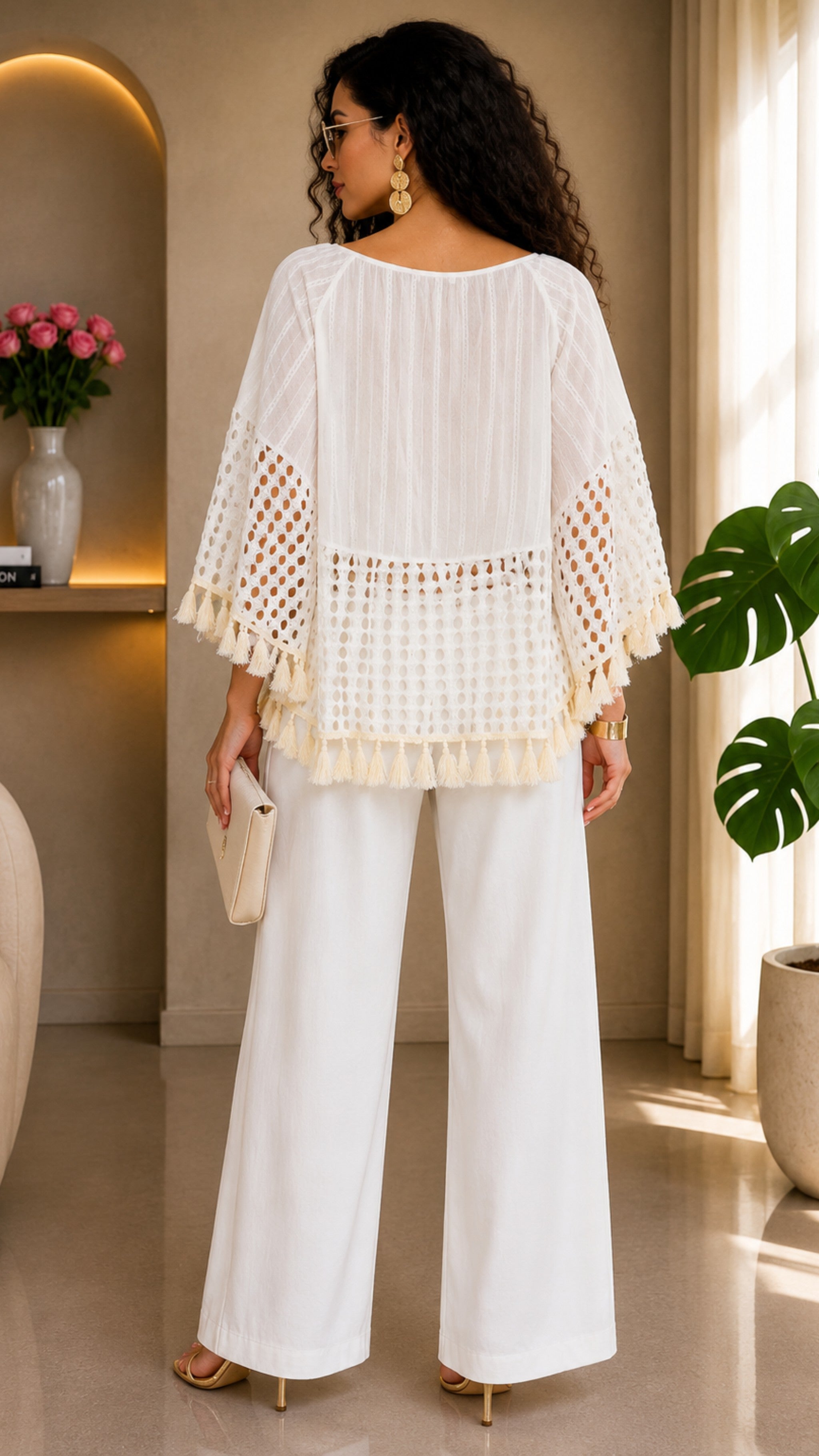 Off White Boho Embroidered White Tassel Poncho Top